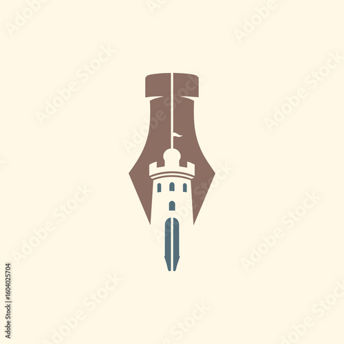 Tower Pen Logo Design – A pen nib stylized as a castle tower, representing strength in writing, creativity, journalism, and historical knowledge.
