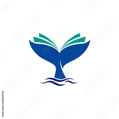 Whale Book Logo Design – A creative logo showing a whale tail transforming into an open book, symbolizing knowledge, ocean conservation, and wisdom.
