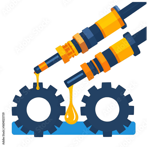 Mechanical Gears and Injectors Symbolize Industrial Maintenance Process with Oil Drops on White Background