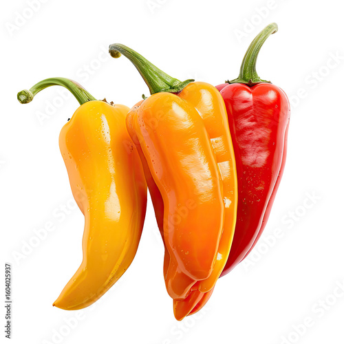 Three bell peppers in yellow, orange, and red