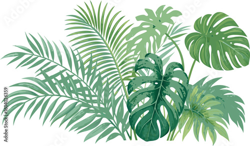 Lush tropical foliage arrangement for modern designs featuring monstera and palm leaves, conveying freshness and vibrant natural elegance