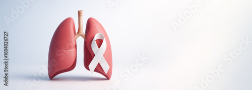 Soft lung illustration with a lung cancer awareness ribbon set against white background, Lung Cancer Day Background with elegant ribbon.
