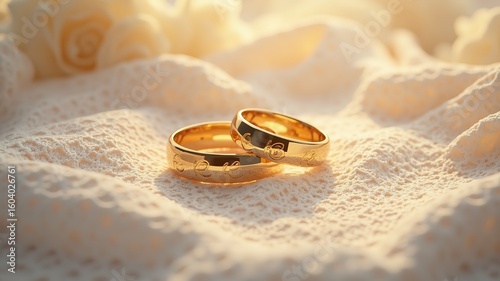 Golden Wedding Rings on Lace Fabric: Symbol of Love and Commitment