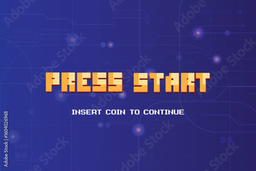 PRESS START. INSERT A COIN TO CONTINUE. pixel art. 8 bit game. retro game. for game assets. Retro Futurism Sci-Fi Background. glowing neon grid and stars from vintage arcade computer games