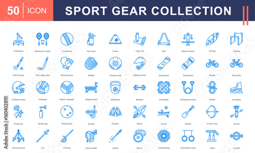 Sport Equipment icon set showcasing gear for team sports, water sports, gymnastics, martial arts, and fitness training—ideal for gyms, schools, outdoor activities, and health campaigns.
