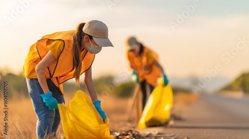 Community Volunteers Participate in Local Trash Cleanup Event, Volunteers clean up litter along a road, demonstrating community effort and environmental responsibility.
