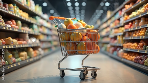 Grocery Shopping Cart Filled with Fresh Citrus Fruits and Produce in Supermarket Aisle