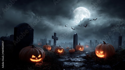 Spooky graveyard pumpkins glowing moon bats halloween cemetery