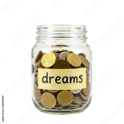 A glass jar filled with coins symbolizes financial dreams and savings for the future.