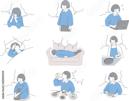 体調不良の女性のふきだし付きイラストセット