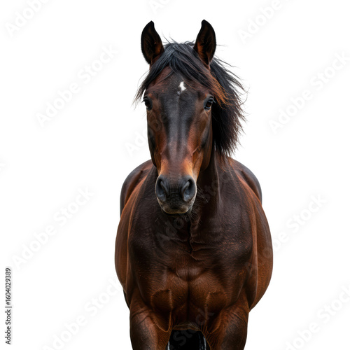 A stunning brown horse with a striking gaze against a black backdrop, showcasing its beauty and power.