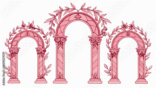 Elegant vector illustration of rose colored classical archways adorned with floral and leafy botanical elements with transparency