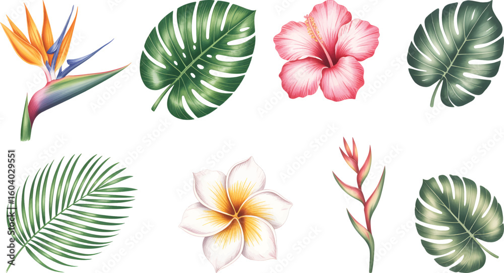 Fototapeta premium Tropical watercolor flowers and leaves with hibiscus and bird of paradise. Hand painted botanical exotic tropical blooms and palm leaves.