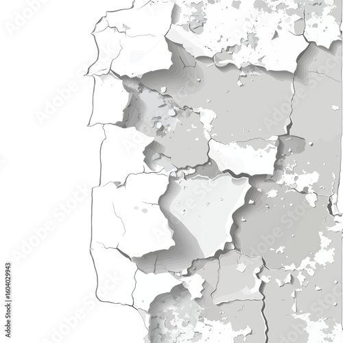 Grayscale vector illustration of a crumbling wall with cracked, peeling white paint revealing a gray plaster surface.