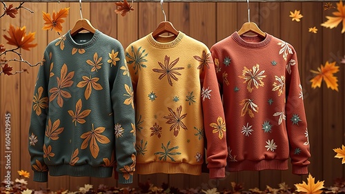 Autumn Floral Pattern Crewneck Sweaters, Cozy Fall Fashion Apparel, Warm Knitwear Design