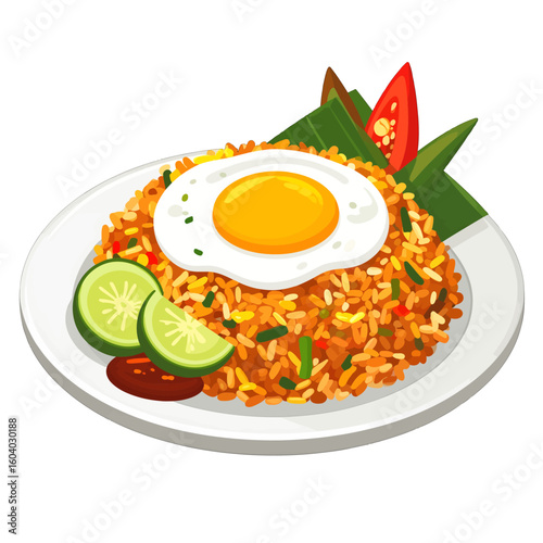A delicious plate of Indonesian Nasi Goreng, topped with a sunny-side-up egg and garnished with cucumber and chili.