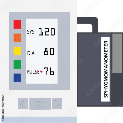 Vector illustration of a digital blood pressure monitor with cuff, commonly used in hospitals, clinics, and home healthcare. Isolated medical equipment icon