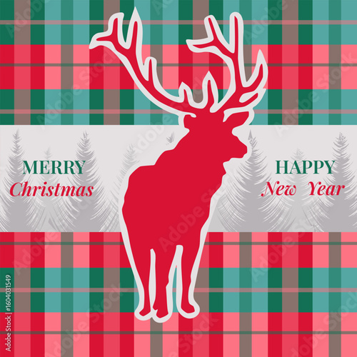 Merry Christmas Checkered Plaid Tartan Fabric Background Card