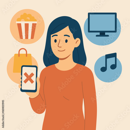Flat illustration of woman limiting smartphone use and digital entertainment to focus on well-being and intentional living