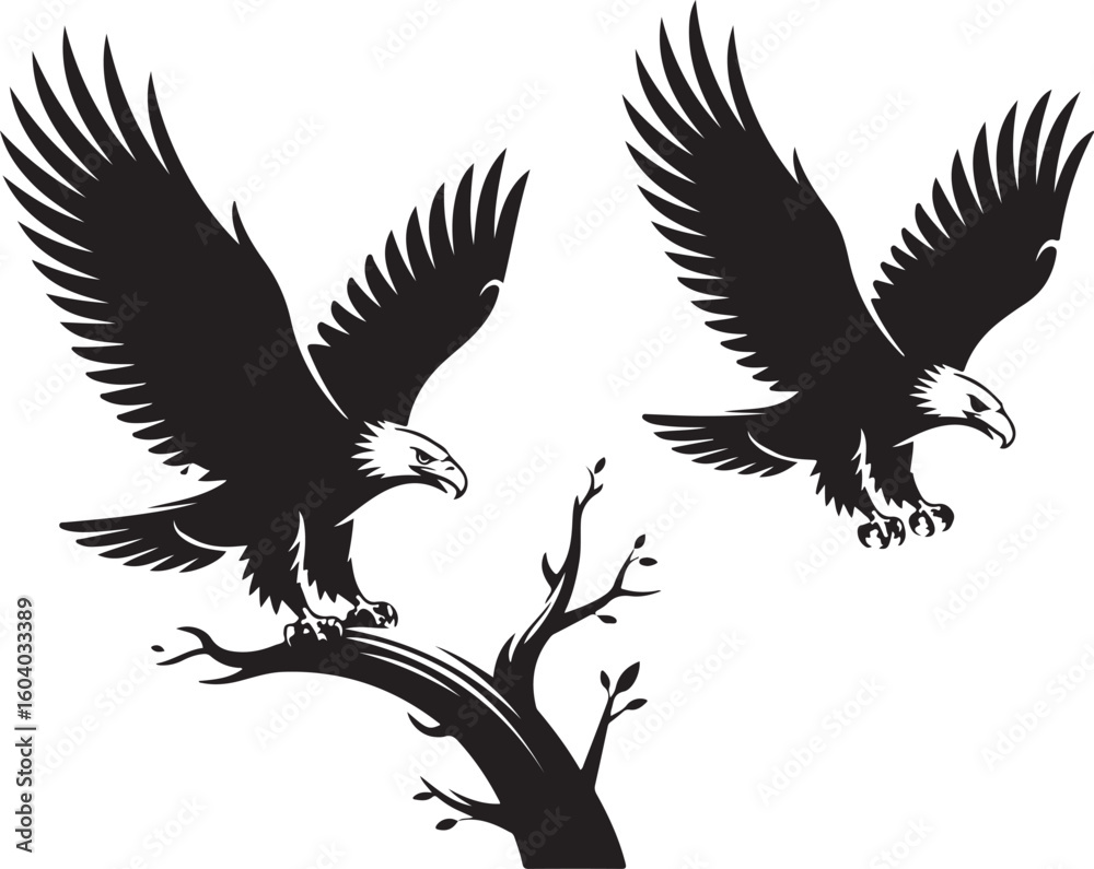 Obraz premium Majestic Eagle Silhouettes Collection – Soaring, Perching, and Hunting Bird of Prey Vector Set