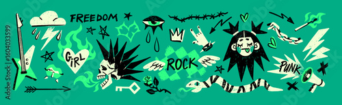 Doodle set of punk graffiti. Sketches of tattoos in grunge style. Scribble grafitti, wall art with rock design elements, skulls, guitar, heart and flowers. Hand drawn isolated vector illustrations