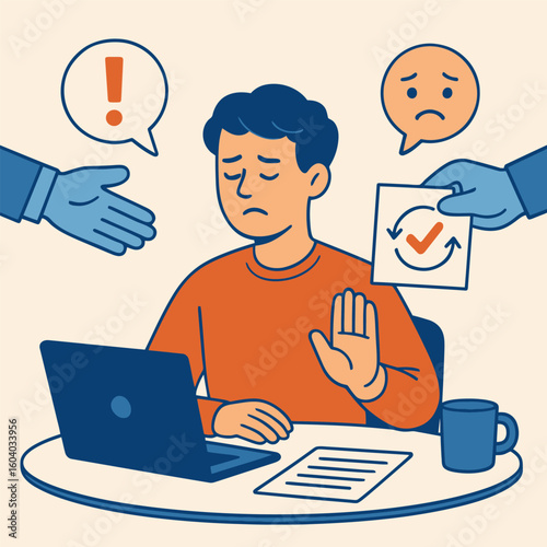 Flat illustration of man refusing requests at desk, learning to distinguish manipulation from genuine help-seeking