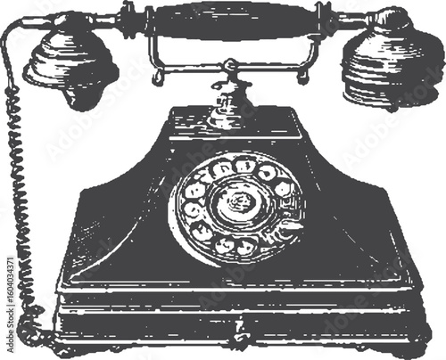 Vintage rotary telephone with detailed handset and dial. Black vector illustration in engraving style.