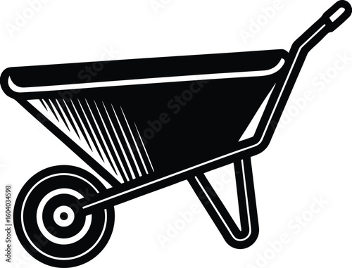 Vector art of a black and white vector graphic of a wheelbarrow a onewheeled cart for carrying loads