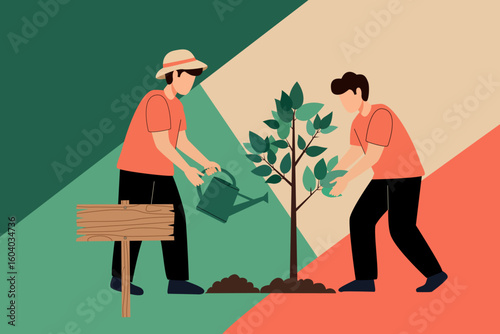 Two men nurturing a sapling in a forest, promoting sustainability and environmental awareness