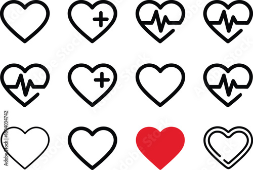 Juego de vectores de iconos de corazón. Conjunto de iconos de latido en un fondo aislado de diferentes formas. Símbolo del logotipo cardíaco de cardiograma en estilo lineal para su diseño. Ilustración