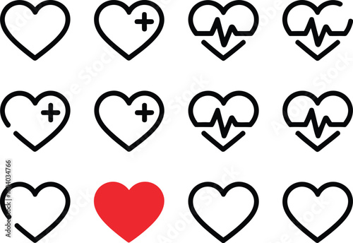 Juego de vectores de iconos de corazón. Conjunto de iconos de latido en un fondo aislado de diferentes formas. Símbolo del logotipo cardíaco de cardiograma en estilo lineal para su diseño. Ilustración