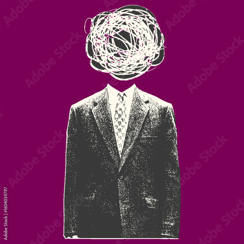 Businessman in a vintage suit with a scribble head. Black and white abstract vector illustration with textured graphic style.