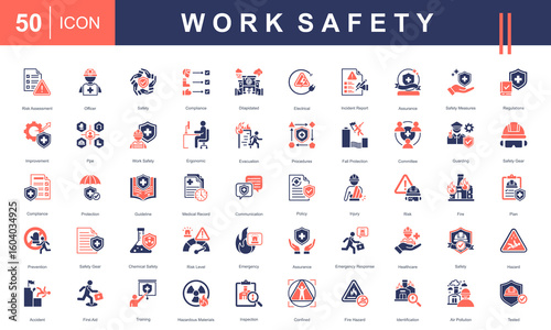 Work Safety icon set representing key elements like PPE, risk assessment, emergency response, hazard control, and workplace safety policies. Ideal for industrial, healthcare, and compliance visuals.