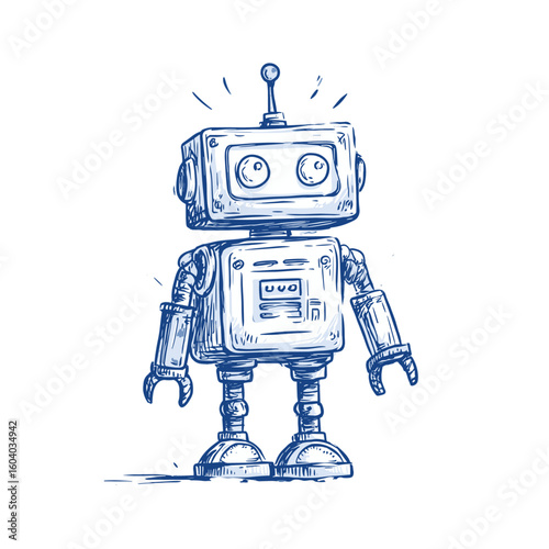 Hand drawn flat vector illustration of a robot standing proudly  
