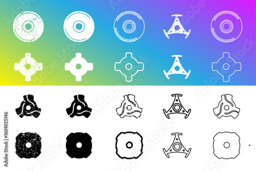 A collection of vinyl record adapter symbols and abstract vector icons in clean, grunge, and outlined styles. Perfect for retro, DJ, music, and branding-related creative projects.