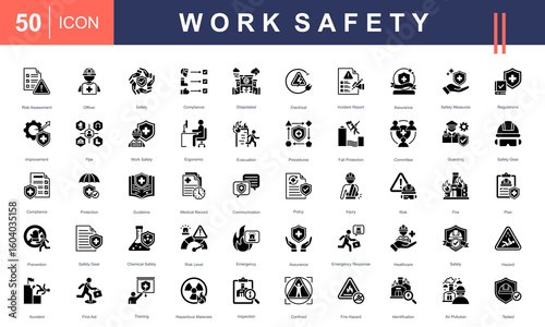 Work Safety icon set representing key elements like PPE, risk assessment, emergency response, hazard control, and workplace safety policies. Ideal for industrial, healthcare, and compliance visuals.