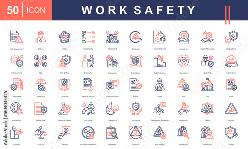 Work Safety icon set representing key elements like PPE, risk assessment, emergency response, hazard control, and workplace safety policies. Ideal for industrial, healthcare, and compliance visuals.