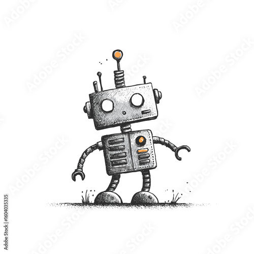 Playful robot standing on grass in a hand drawn flat vector illustration  