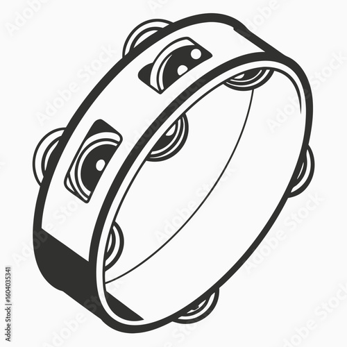 Vector art of a black and white illustration of a tambourine percussion instrument with jingles