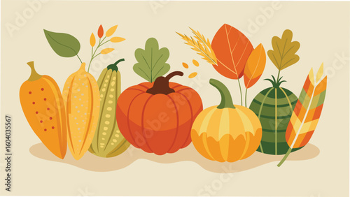 Festive thanksgiving illustration featuring pumpkins gourds autumn leaves and wheat stalks creating a charming fall season design.