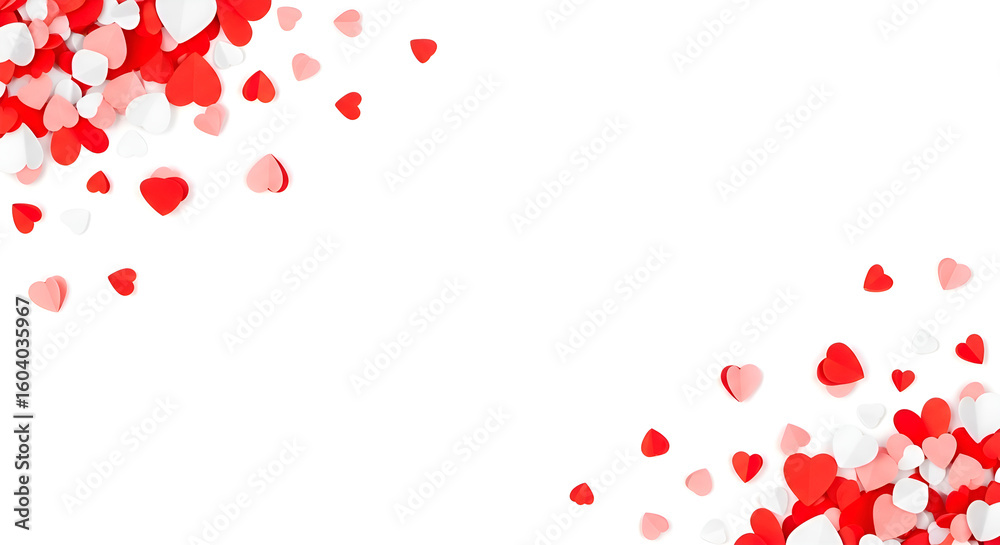 Illustration of scattered red pink and white paper hearts forming a decorative border on a white background symbolizing love and celebration Illustration of scattered red pink and white paper hearts forming a decorative border on a white background symbolizing love and celebration