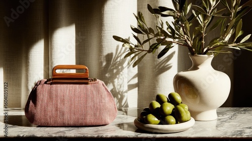 Pink Textured Handbag with Wooden Handle on Marble Surface next to Olives and Vase in Soft Sunlight