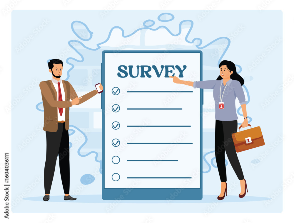 Online survey questionnaire. Man and woman using mobile phone to fill in online survey checklist. Online survey questionnaire. Man and woman using mobile phone to fill in online survey checklist.