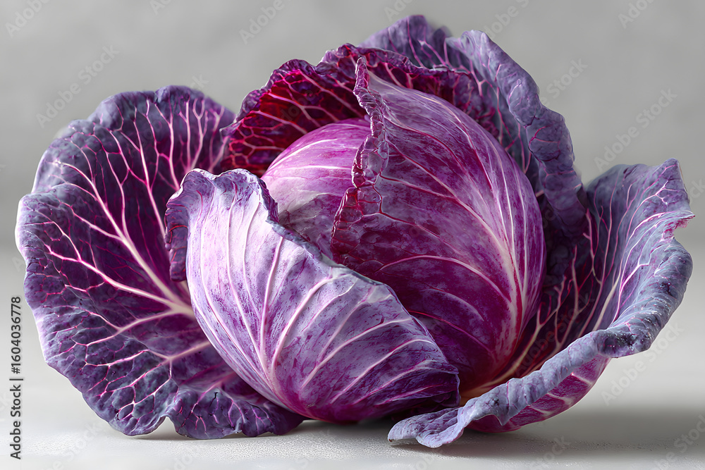 Obraz premium Whole fresh red cabbage isolated on neutral background with vibrant purple leaves and natural texture for healthy food concepts