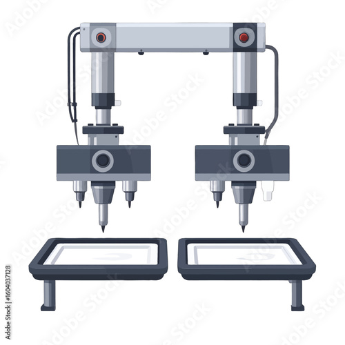Symmetrical dual-arm industrial robot with multiple precision nozzles and red emergency buttons, positioned over two work trays.
