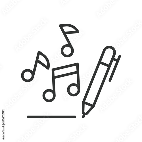 Songwriting, icon in line design. Songwriting, lyrics, music composition, melody, songwriter, music notes, pen and paper on white background vector. Songwriting editable stroke icon