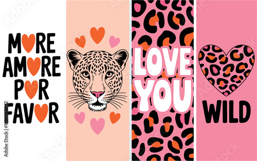 Four patterned panels featuring love themed messages and a leopard illustration design art


