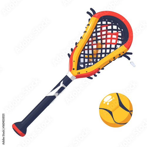 Colorful cartoon lacrosse stick with a netted head and a yellow ball, isolated sports equipment illustration.