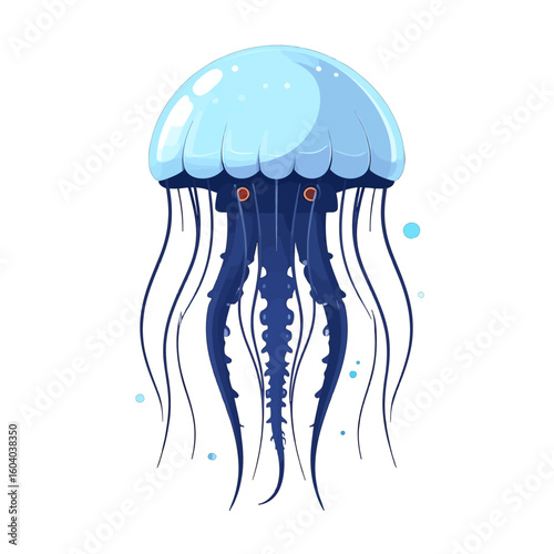 Stylized blue jellyfish with a glossy bell, dark tentacles, and prominent orange eyes.
