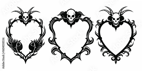 Intricate black and white gothic vector frames featuring skulls and floral or tribal designs for creative projects